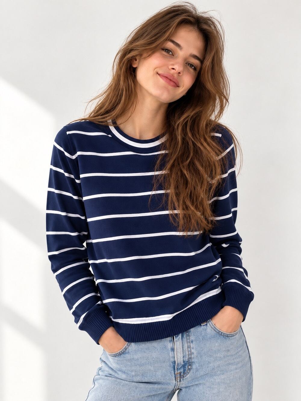 Women’s Navy Blue & White Striped Knit Sweater – Size 46M